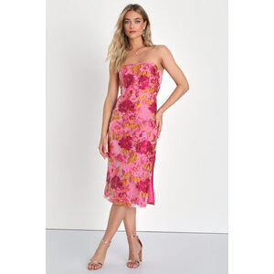 Lulus Upgraded Event Pink Floral Jacquard Strapless Bustier Midi Dress - Size S